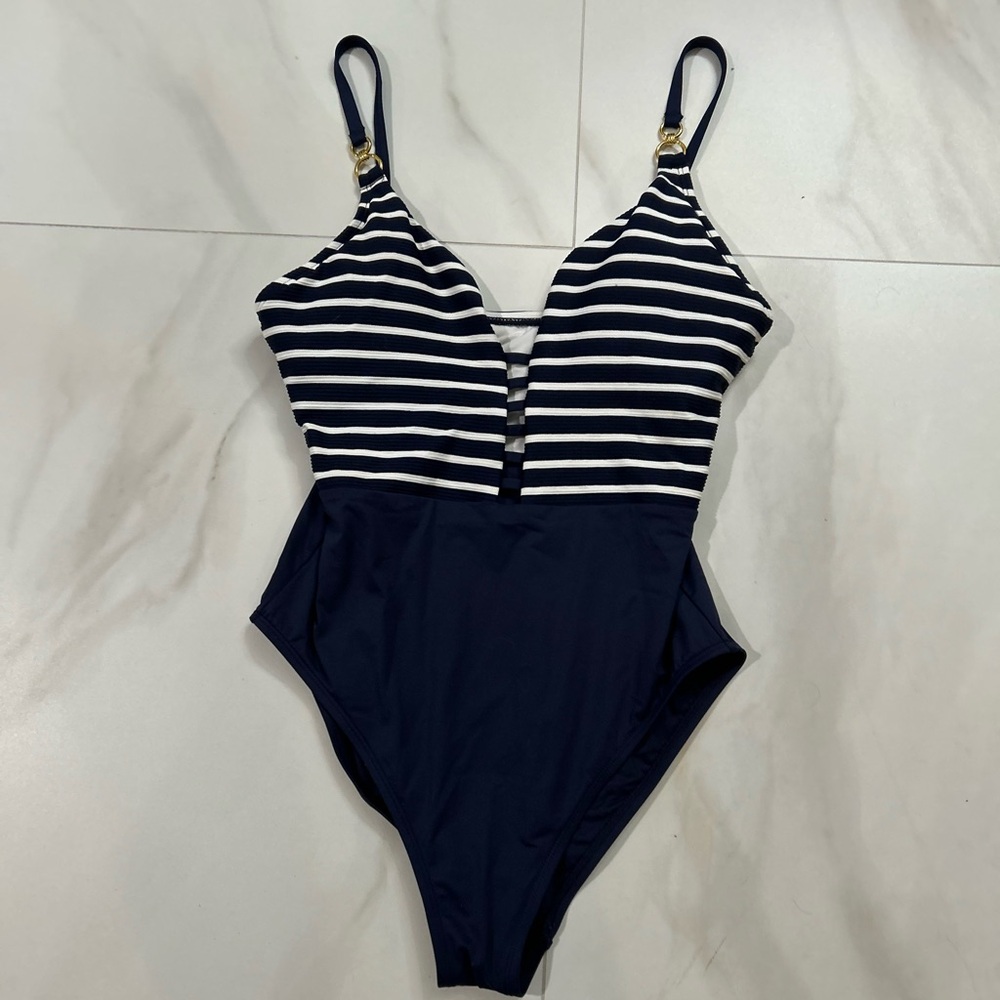 La Blanca Set Sail Navy and White One Piece Plunge Swimsuit Size 10